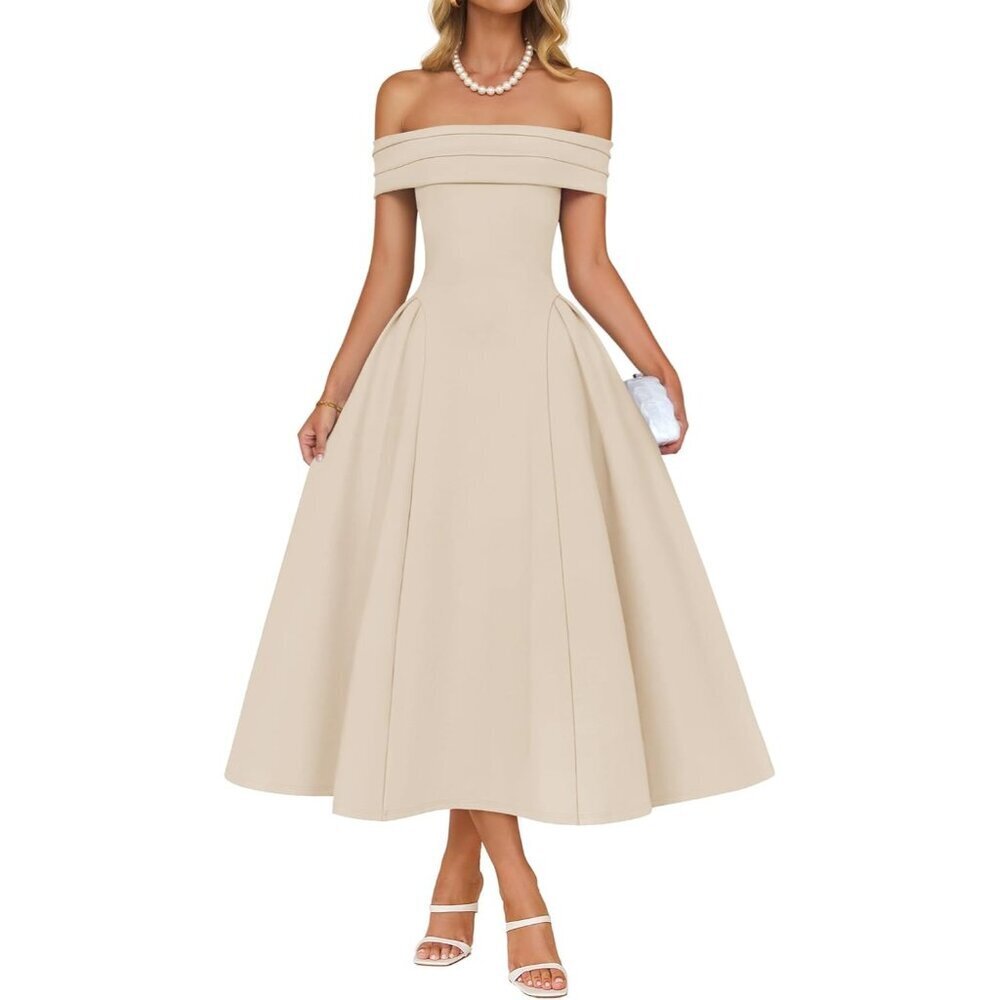 Women's Apricot Elegant Off Shoulder Short Sleeve Swing A Line Party Midi Dress